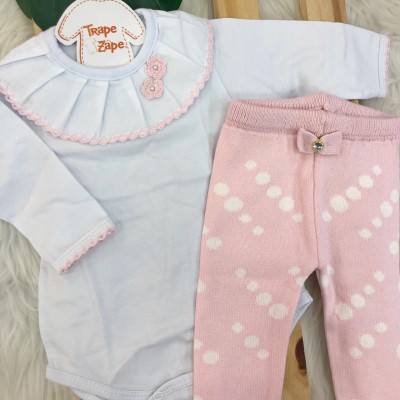 Conjunto body de malha com gola e calça flare de linha- rosa