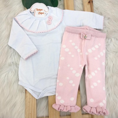 Conjunto body de malha com gola e calça flare de linha- rosa