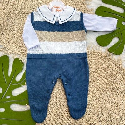 Macacão de Linha Tomas - Azul Jeans, Areia e Branco