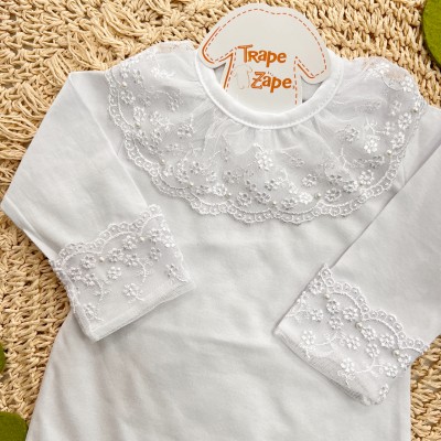 body gola bordada- renda cintilante branco