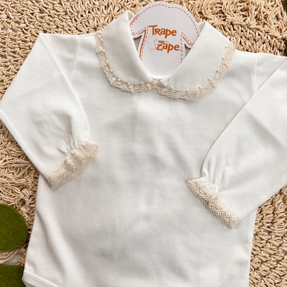   body gola bordada- grypir com pérola off punho princesa