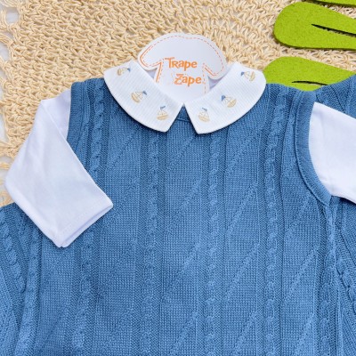 Saída de maternidade Allan - Azul Jeans Body Barquinho 