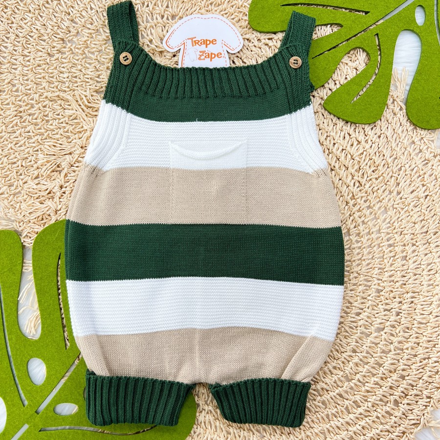   Jardineira Curta Bolso e Listra Grossa Verde Militar, Branco e Bege