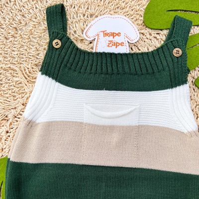   Jardineira Curta Bolso e Listra Grossa Verde Militar, Branco e Bege