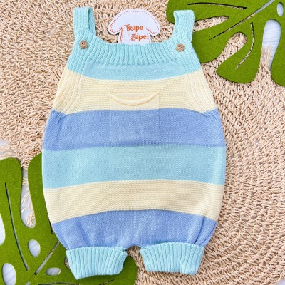 Jardineira Curta de Linha - Bolsinho e Listras Grossas Azul Bebe, Verde Agua e Amarelo