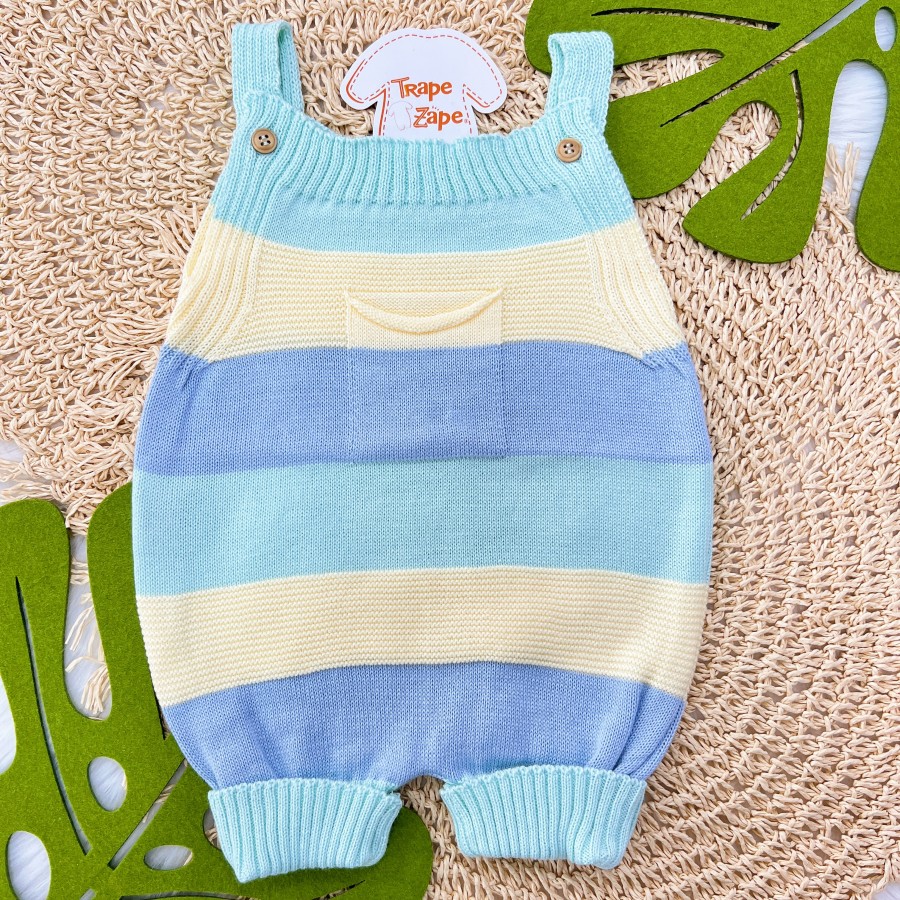 Jardineira Curta de Linha - Bolsinho e Listras Grossas Azul Bebe, Verde Agua e Amarelo