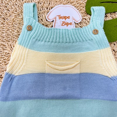 Jardineira Curta de Linha - Bolsinho e Listras Grossas Azul Bebe, Verde Agua e Amarelo