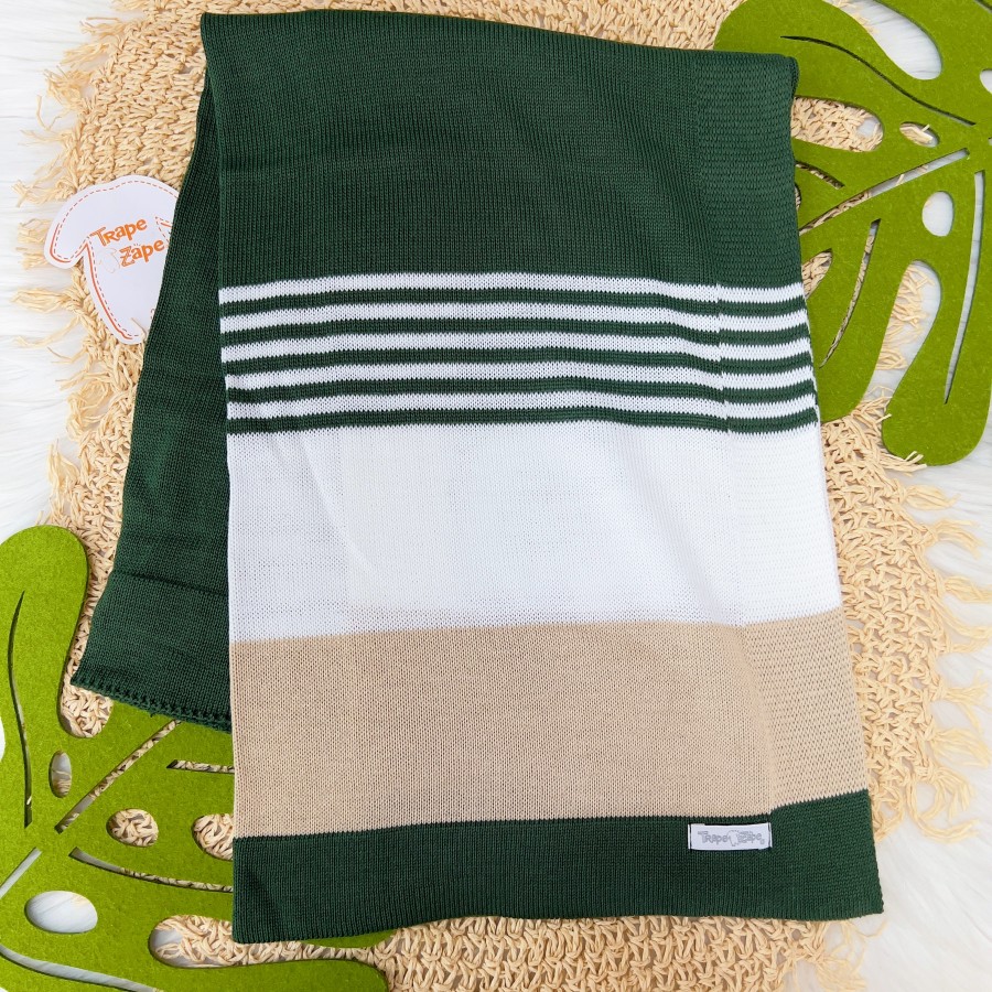   Manta de linha Listrada Verde, Branca e Areia