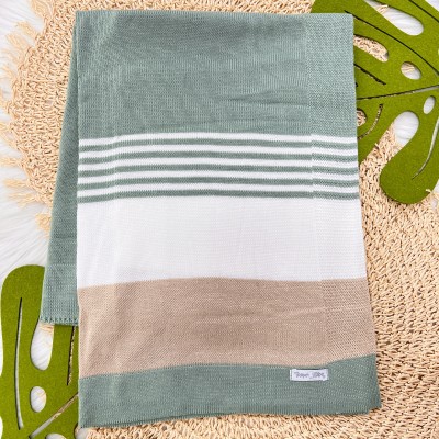  Manta de linha Listrada Verde, branca e areia