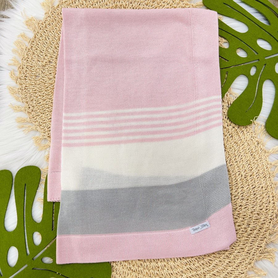  Manta de linha Listrada Rosa, branca e cinza