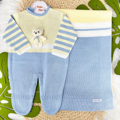 Saída de Maternidade Ursinho - Azul Bebê com Amarelo