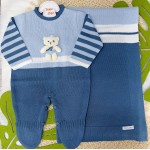 Saída de Maternidade Ursinho - Azul Jeans com Azul Bebê 