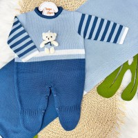 Saída de Maternidade Ursinho - Azul Jeans com Azul Bebê 