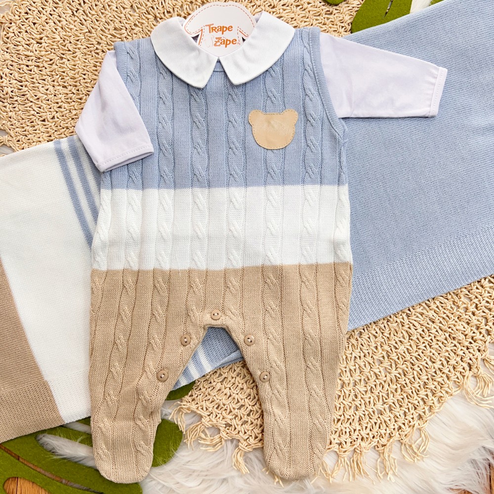 Saída de Maternidade Guilherme -Azul Bebê, Branco e Bege