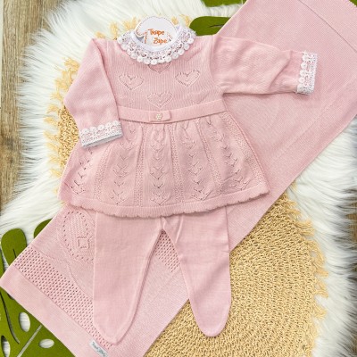  Saída de maternidade Sarah - Rosa com Body Branco