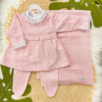  Saída de maternidade Sarah - Rosa com Body Branco