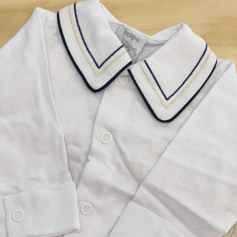 body branco com gola bordado linhas marinho e bege