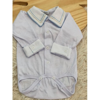 Body branco com gola bordado linhas azul bebe e bege