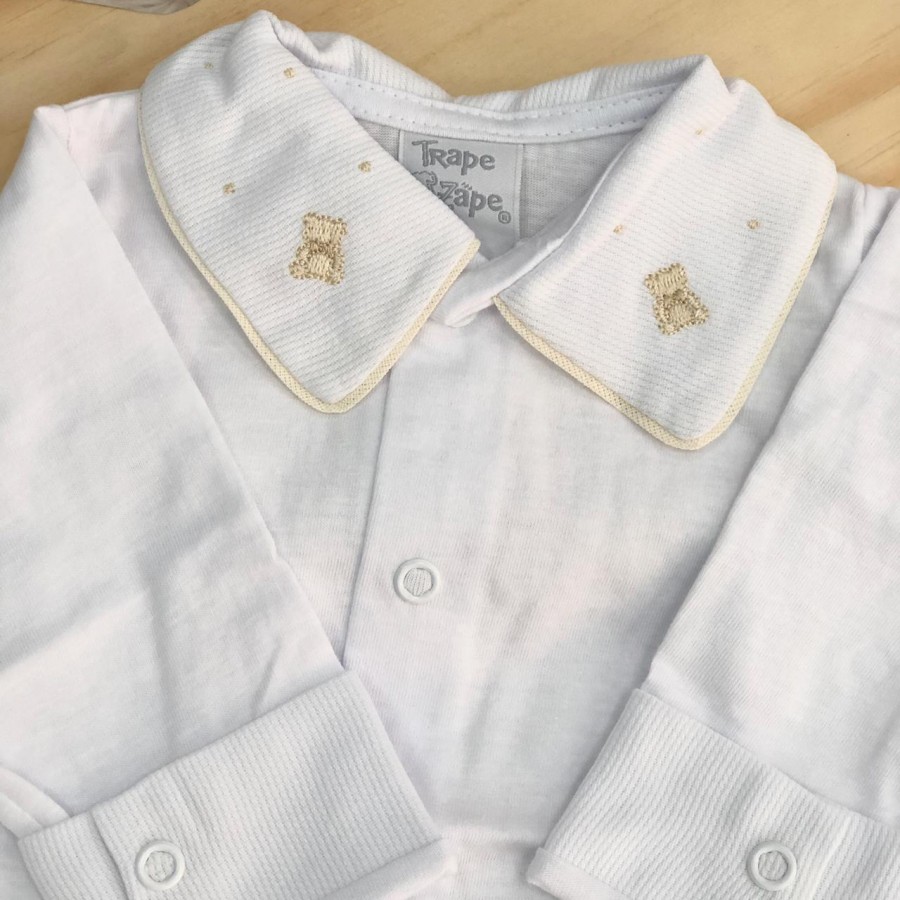   body branco com gola bordado urso pontinhos bege
