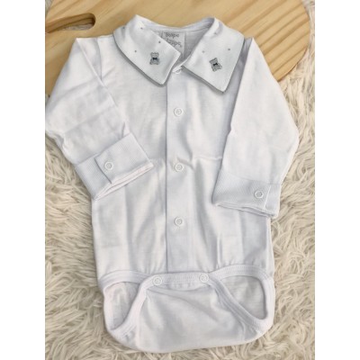 body branco com gola bordado urso pontinhos cinza