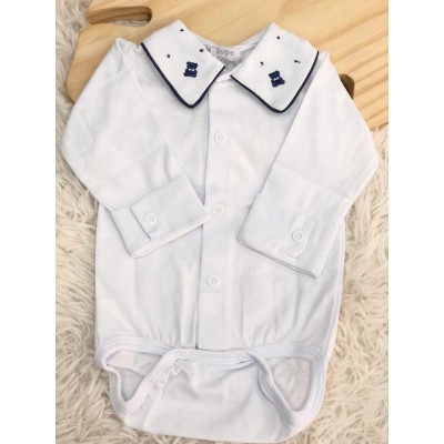 body branco com gola bordado urso pontinhos marinho