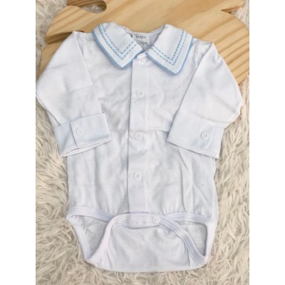 body branco com gola bordado pontilhado azul bebe