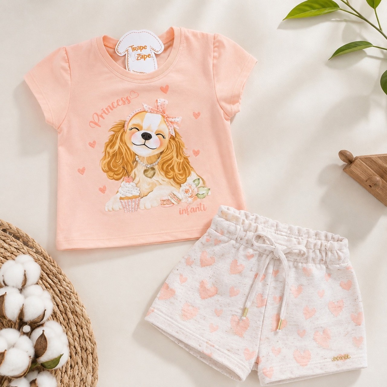  Conj. Blusa Doguinha Princess e Short Corações em Linho - Salmão e Areia